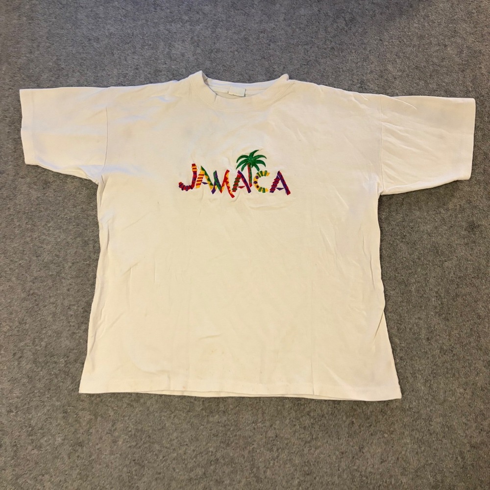 Vintage Jamaica Embroidered Spel Out Center Logo Beacb Palm Tree Surf Tee Large